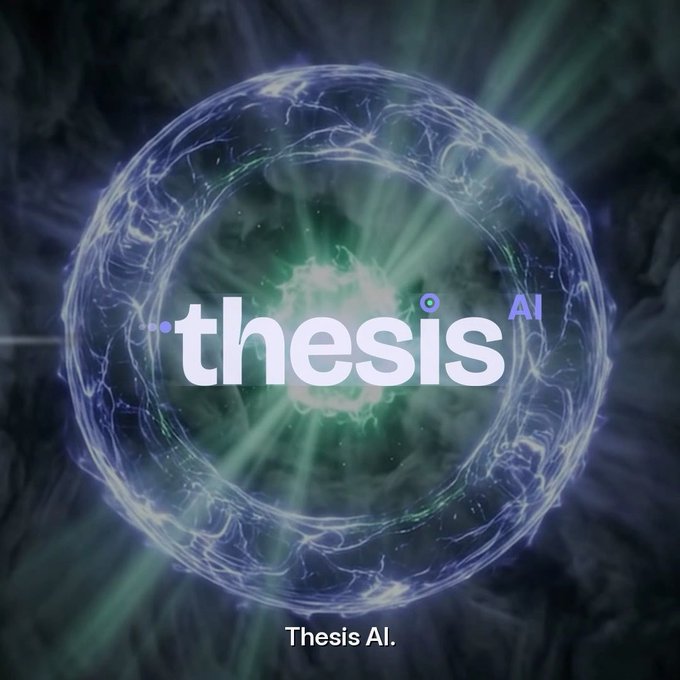 The image displays the Thesis AI logo, featuring the brand name "thesis" in white lowercase text with "AI" in blue, set against a glowing blue energy orb with a bright green core. The caption "Thesis AI" appears at the bottom, visually reinforcing the post's theme of leveraging AI-driven tools like Thesis to track wallet activity and KOL signals in real-time—mirroring the speed at which traders moved ahead of policy discussions in Washington.