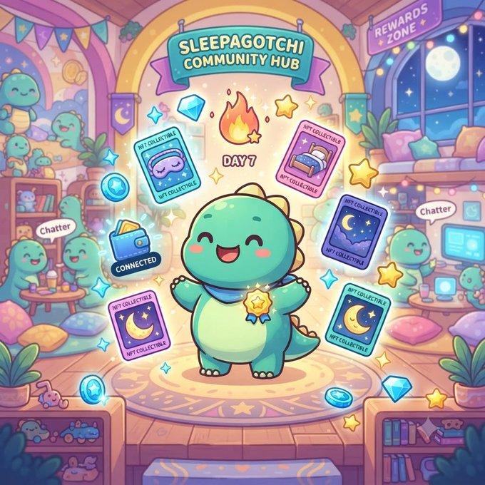 A colorful cartoon 'Sleepagotchi Community Hub' screen showing a cute green dragon character on Day 7 with NFT collectibles and a 'Rewards Zone'.