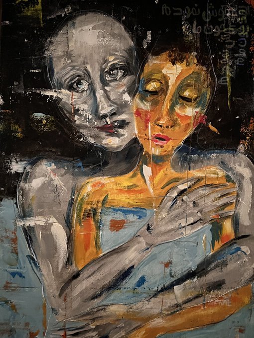 An expressionist painting depicting two figures embracing, one rendered in grayscale and the other in warm golden tones with red lips, surrounded by faint script and abstract brushstrokes on a dark background.