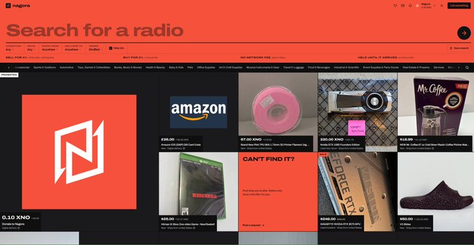 A webpage with a red header reading 'Search for a radio' featuring listings for various items including Amazon gift cards, a pink tape roll, a portable DVD player, a Mr. Coffee product, a gaming console, a Force FX lightsaber, and a slipper.
