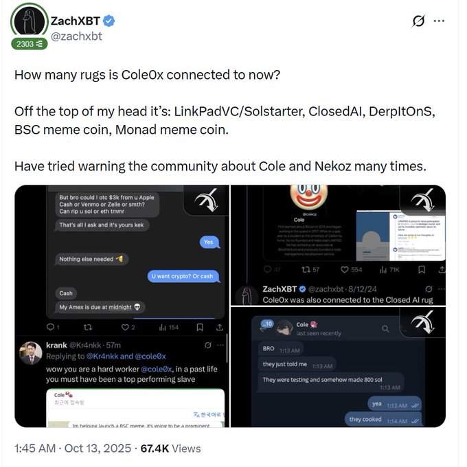 The image shows a post by ZachXBT (@zachxbt) titled "How many rugs is Cole0x connected to now?" listing connections to LinkPadVC/Solstarter, ClosedAI, DerpItOns, BSC meme coin, and Monad meme coin, accompanied by screenshots of messages and tweets showing warnings about Cole and Nekoz. The post directly relates to the caption by exposing Cole0x as a serial scammer, suggesting that his latest Robinhood project (45,000 supply at $17 mint) is yet another scheme to use his followers as exit liquidity.