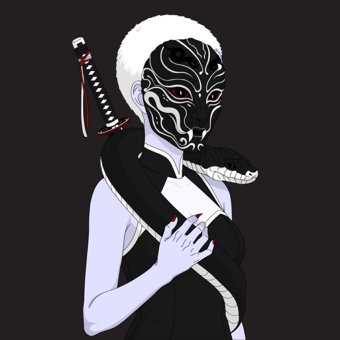 An artistic illustration of a pale-skinned figure wearing a black and white demon/oni mask, with a black snake draped around their shoulders and a katana sword visible in the background.