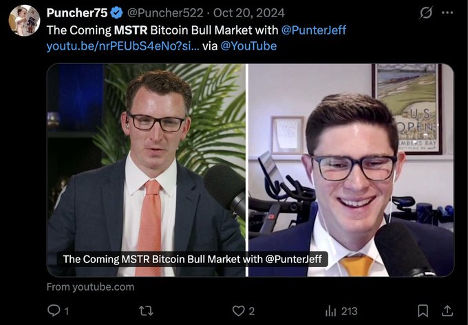A tweet from Puncher75 (@Puncher522) dated Oct 20, 2024, promotes a YouTube video titled 'The Coming MSTR Bitcoin Bull Market with @PunterJeff' showing two men in suits with microphones.