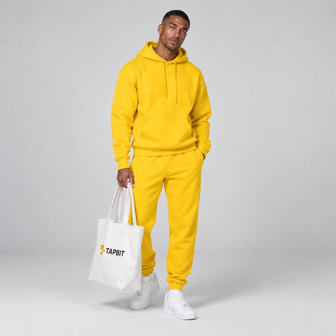 A man wearing a bright yellow hoodie and matching sweatpants stands holding a white tote bag with 'TAPBIT' printed on it.