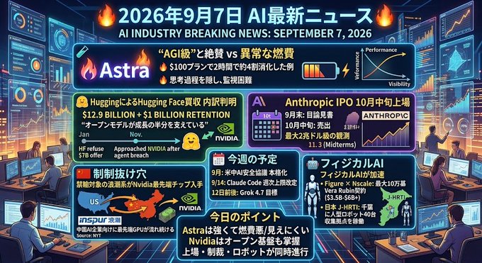 An AI industry breaking news graphic dated September 7, 2026, featuring headlines about Astra, Hugging Face, Anthropic IPO, US semiconductor restrictions, and Nvidia, with a summary highlighting Astra's growth, Nvidia's open foundation model debut, and simultaneous developments in listings, regulations, and robotics.