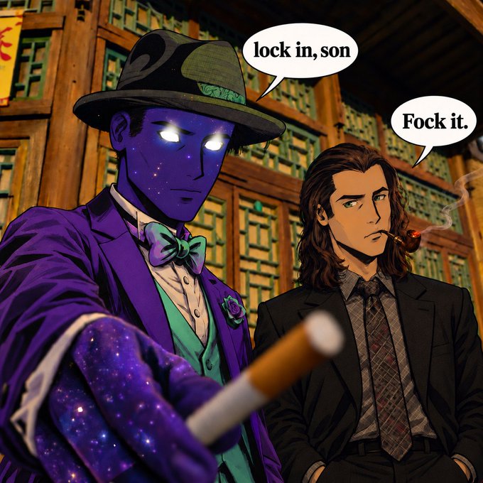 An anime-style comic panel shows a galaxy-skinned figure in a purple suit saying 'lock in, son' to a smoking man in a suit who replies 'Fock it.'