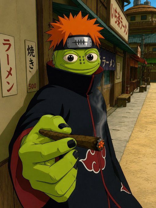 An anime-style illustration of a green-skinned character with spiky orange hair wearing an Akatsuki cloak, holding a lit cigar in what appears to be a Japanese street setting.