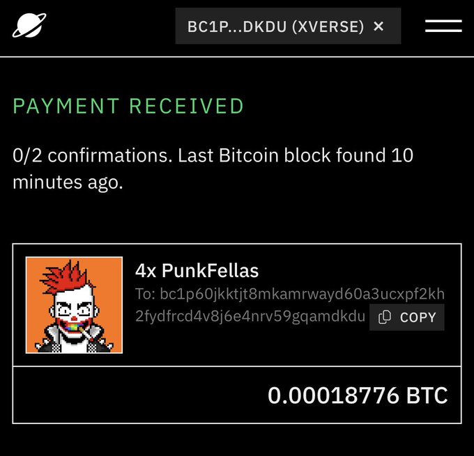 A digital receipt confirms a "PAYMENT RECEIVED" for "4x PunkFellas" with a Bitcoin address and an amount of 0.00018776 BTC, though it notes 0/2 confirmations.