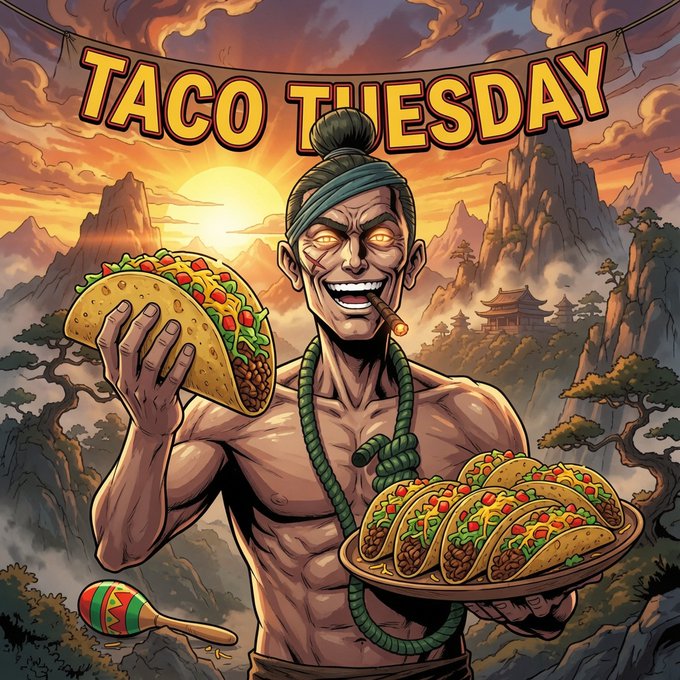 A comic-book style illustration titled 'TACO TUESDAY' showing a muscular man with a cigar holding a giant taco and a platter of more tacos against a mountainous sunset backdrop.
