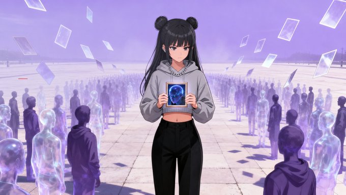 An anime-style illustration depicts a girl in a gray hoodie holding a tablet, surrounded by translucent figures in a purple-hued environment.
