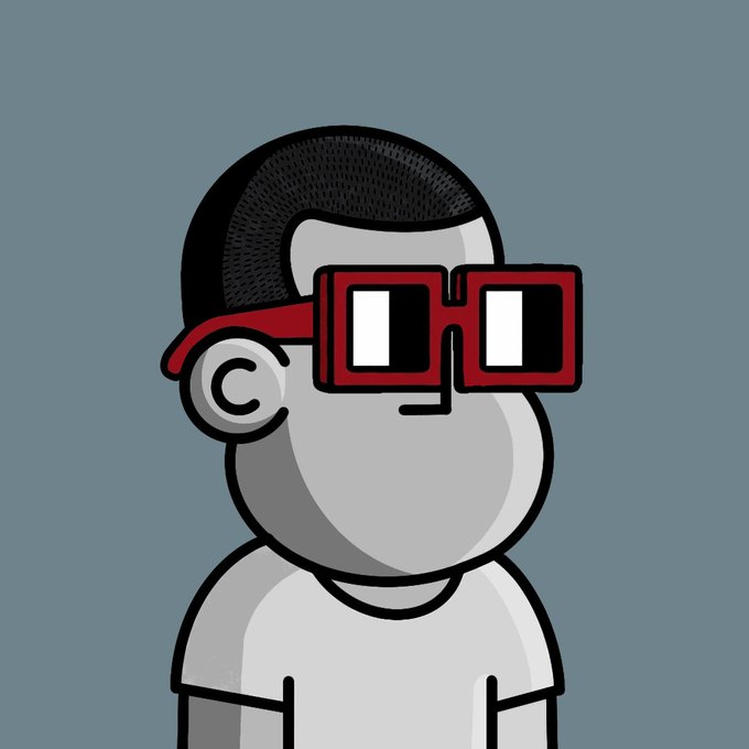 A cartoon illustration of a bald character wearing red 3D-style glasses and a white t-shirt against a gray background.
