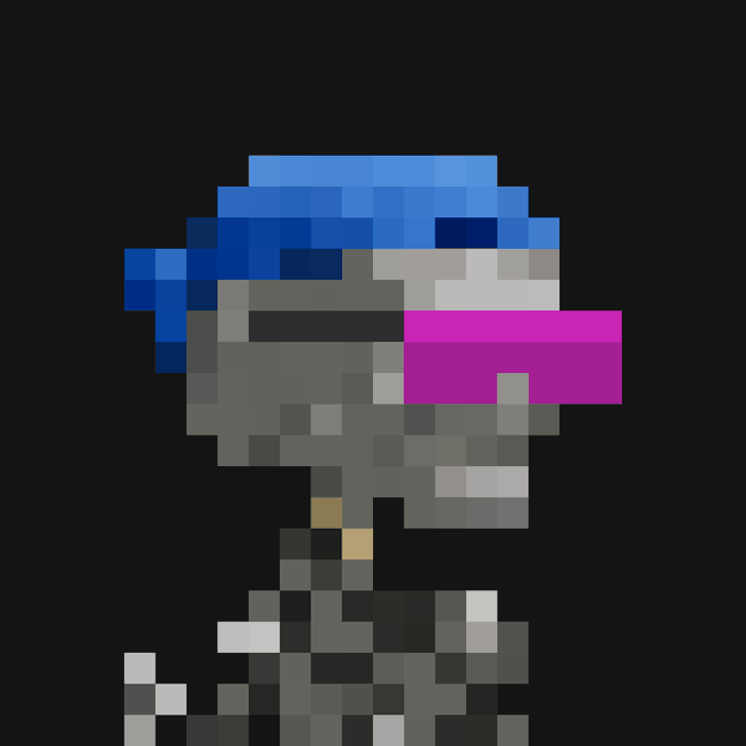 Pixel art character sprite featuring blue hair, a white cap, pink visor/goggles, and a dark outfit against a black background.