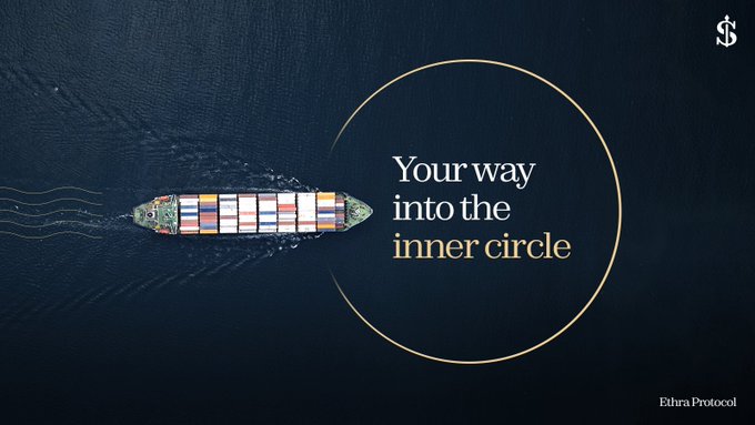Marketing image for Ethra Protocol showing a cargo ship on dark ocean water with the text 'Your way into the inner circle' inside a gold circle and the Ethra Protocol logo in the corner.