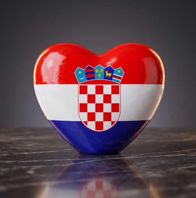 The image features a heart-shaped ceramic object, possibly made of glass or ceramic material, with a red, white, and blue color scheme. The heart has a coat of arms design on its front, which includes a shield and a crown. The background is black, providing a stark contrast to the colorful heart shape. The caption below the image reads "Free mint World Cups NFT on @base My NFT is Croatia Love it #Croatia #world_cup #cro #NFT". This suggests that the heart-shaped ceramic object has been used as an artistic piece or decoration, possibly for a promotional campaign related to the world cup.
