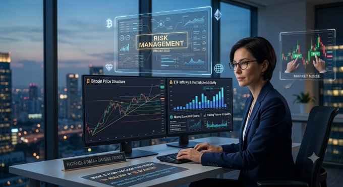 A woman in a blazer sits at a desk analyzing financial data on dual monitors showing charts and a 'Bitcoin Price Structure', with holographic overlays displaying 'RISK MANAGEMENT' and 'MARKET NOISE'.