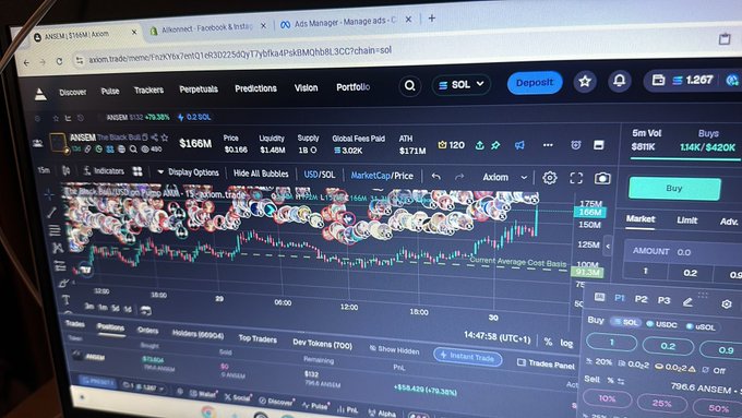 A computer monitor displays the Axiom.trade memecoin trading platform showing ANSEM token chart data with a price of $166M and various trading statistics.