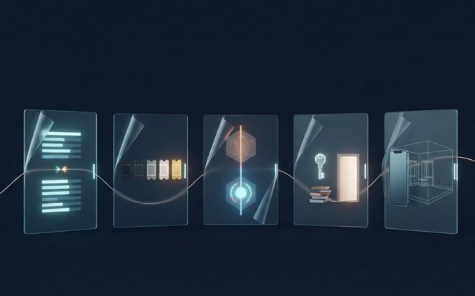 A futuristic digital illustration shows five translucent panels connected by a curved line, each revealing items like documents, furniture, a glowing cube with a cube, a key with books, and a wireframe device.