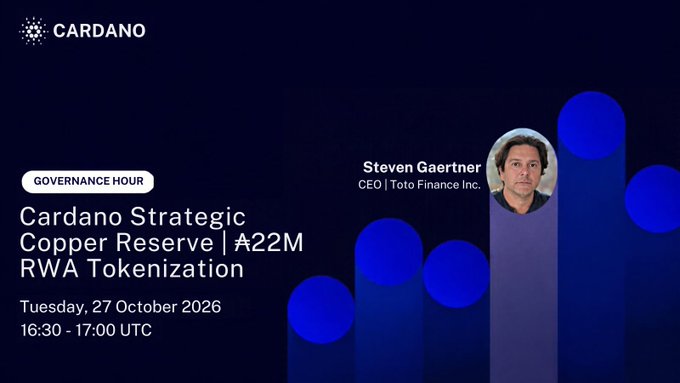 Promotional graphic for Cardano Governance Hour featuring CEO Steven Gaertner of Toto Finance Inc. The event discusses the Cardano Strategic Copper Reserve and a ₳22M RWA Tokenization Treasury Withdrawal proposal, scheduled for Tuesday, 27 October 2026, 16:30–17:00 UTC.