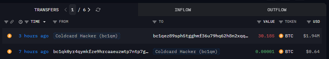 The image displays a transaction tracker showing two recent transfers involving a wallet labeled "Coldcard Hacker (bc1qm)": an outflow of 30.185 BTC ($1.94M) sent 3 hours ago to address bc1qez09sph6tggnwe36u79hq62h8n2xqq... and a prior inflow of 0.00001 BTC ($8.64) received 7 hours ago.