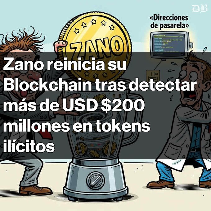 A Spanish-language news graphic with the headline 'Zano reinicia su Blockchain tras detectar más de USD $200 millones en tokens ilícitos,' depicting a cartoon blender and characters associated with the 'Direcciones de pasarela' meme.