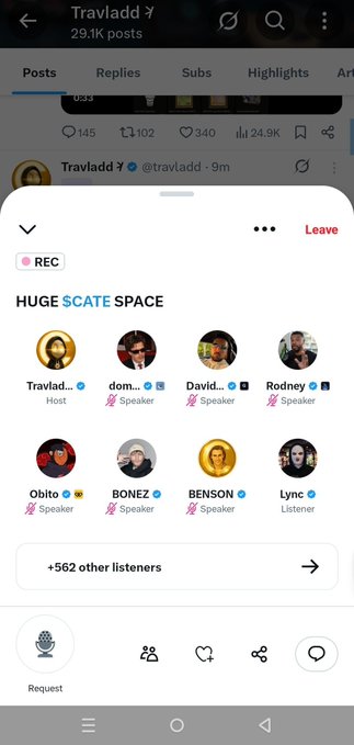 A mobile screenshot showing a Twitter/X space hosted by Travadd (@travladd) titled 'HUGE SCATE SPACE' with 562+ other listeners and speakers including dom, David, Rodney, Obito, BONEZ, BENSON, and Lync.