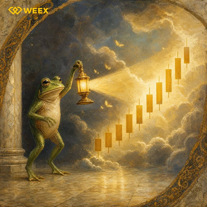 An artistic painting of a frog holding a glowing lantern, illuminating golden candlestick chart bars ascending through clouds, with the 'WEEX' logo in the corner.