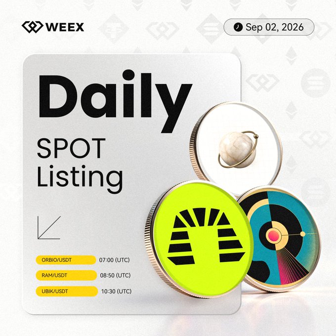 The image is a WEEX promotional graphic dated September 2, 2026, titled "Daily SPOT Listing," featuring three decorative coins alongside the listing schedule for $ORBIO/USDT, $RAM/USDT, and $UBIK/USDT at 07:00, 08:50, and 10:30 (UTC) respectively, which directly matches the accompanying post's announcement of these spot listing times.