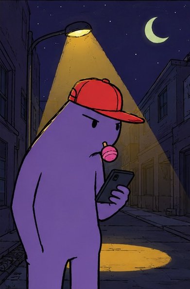 An illustration of a purple, blob-like character wearing a red cap, standing under a streetlamp at night while looking at a smartphone and eating a pink lollipop.