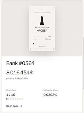 A mobile screenshot displays "Bank #0564" with a balance of "8,016.4544" pending $STANDARD, showing 1/10 branches and a 0.0292% issuance share, illustrating the post's explanation of how Standard Reserve's bank charter and branch system functions for holders.
