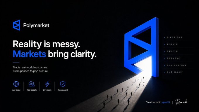 A Polymarket promotional graphic states 'Reality is messy. Markets bring clarity.' with a 3D blue logo and silhouetted figures walking through a doorway.