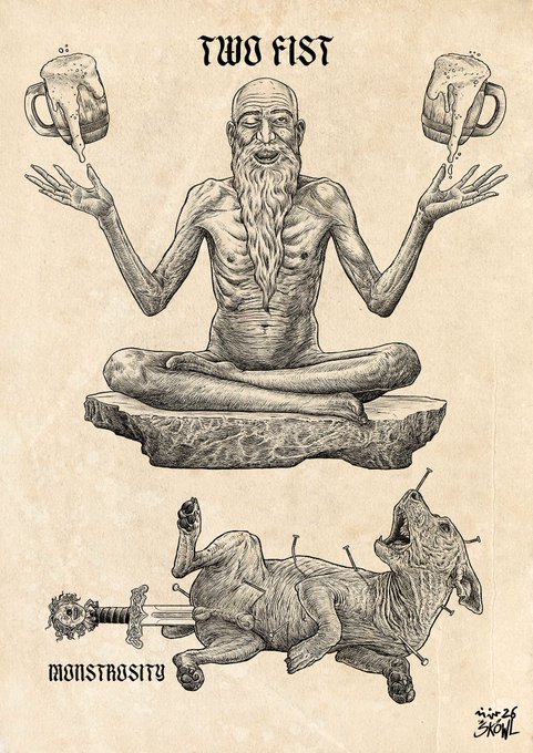 A vintage-style illustration depicts a meditating elder labeled 'TWO FIST' holding two foaming beer mugs, while a stabbed, howling creature labeled 'MONSTROSITY' lies impaled on a sword below.