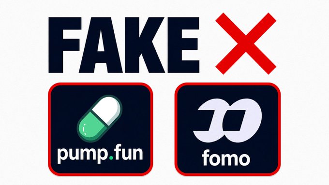 The image displays bold "FAKE" text with a red X above two app icons labeled "pump.fun" (with a pill graphic) and "fomo" (with an interlocked logo), both highlighted with red borders. It illustrates the post's warning about misleading crypto trading platforms, where curated winner highlights create a false sense of success while hiding the majority of wallets that lost everything.