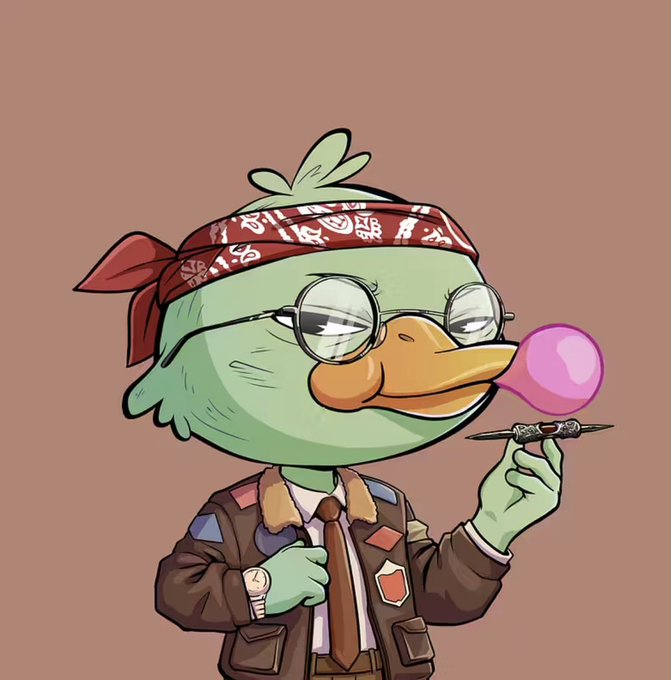 In a cartoon-like style drawing, there's a green bird depicted wearing a bandana that has a red design. The bird has glasses on its face and appears to be holding a pink object in one hand while another hand is raised in front of it as if touching something or about to drop it. The text "Quackers I earned 12.37 Quacks today! I will keep quacking and earning no matter what." implies that the bird is an AI, or an artificial intelligence, possibly capable of mimicking human-like behaviors. The image suggests a playful interaction between the bird and its environment as if to say, "Pay attention to me!"