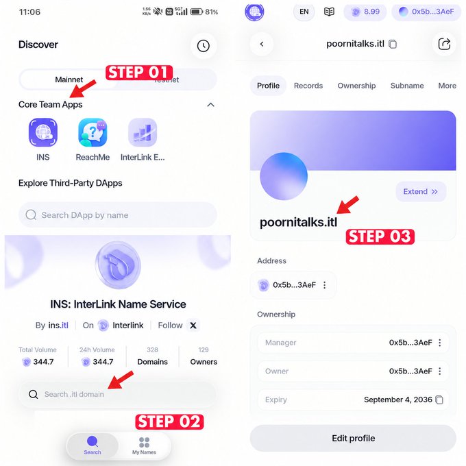 A tutorial screenshot showing how to search for and view a .itl domain (poornitalks.itl) on the InterLink Name Service (INS) dApp, with steps marked for selecting Mainnet, searching domains, and viewing the profile.