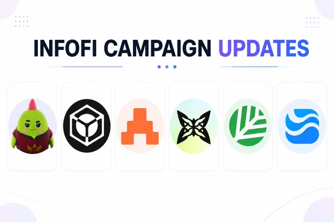 An 'INFOFI CAMPAIGN UPDATES' banner displaying six circular icons, including a green character, a geometric logo, an orange letter A, a butterfly, a green leaf, and a blue wave.