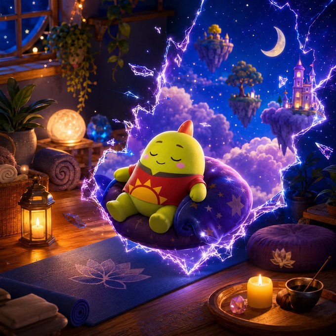 The image features a green toy, possibly a frog or a monster, sitting comfortably on a pillow with its eyes closed. The scene takes place in a room that has purple walls and blue curtains, giving it an artistic and dreamy atmosphere. There are also candles present in the room, adding to the ambiance of relaxation and tranquility.

The image is related to the post because it showcases a character from the @sleepagotchi series who is depicted as someone who values sleep and rest. The character's peaceful demeanor and the calming environment created by the purple walls and candles emphasize the importance of taking time for oneself and finding solace in quiet moments, such as those experienced during sleep or relaxation.