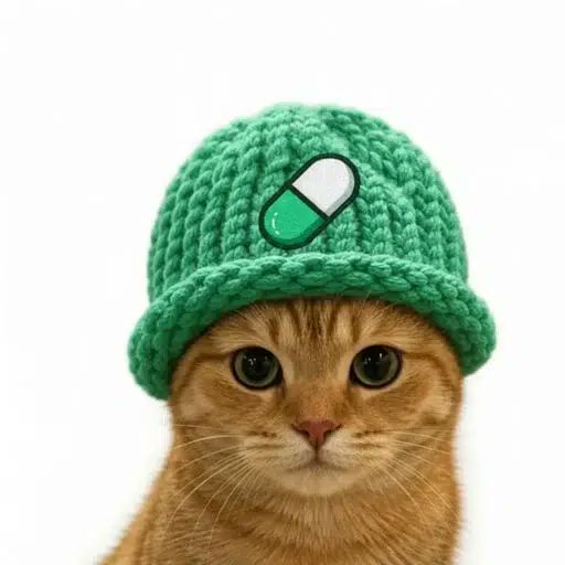 An orange tabby cat wearing a green knit beanie with a pill-shaped patch on the front.