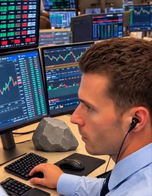 A young man wearing earbuds stares at multiple computer monitors displaying stock trading charts while sitting at a desk with a rock placed next to his keyboard.