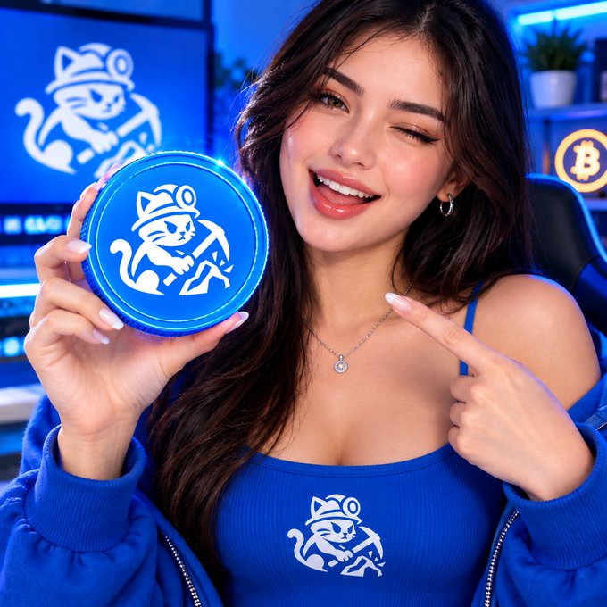 A cheerful woman winks and points at a glowing blue crypto coin featuring a cartoon miner cat logo, wearing a matching blue top branded with the same miner emblem, with a Bitcoin symbol and mining screens visible in the neon-lit background. The image visually reinforces the $MRG ("Mine Rare Gram") branding and mining theme highlighted in the post's MiniApp update announcement.