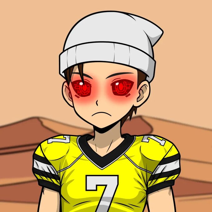 An anime-style illustration of a character wearing a white beanie and a yellow jersey with the number 7, featuring glowing red eyes with mechanical details.