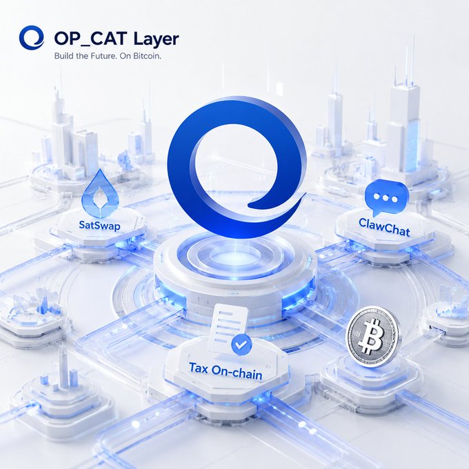 The image is a promotional graphic for "OP_CAT Layer - Build the Future. On Bitcoin," featuring a central blue "Q" logo surrounded by futuristic platform icons for "SatSwap," "ClawChat," and "Tax On-chain," alongside a Bitcoin symbol. It visually represents the activated ecosystem mentioned in the post, highlighting the integration of on-chain tax distribution, encrypted social chat, and Bitcoin-based infrastructure driving the OP_CAT native ecosystem forward.