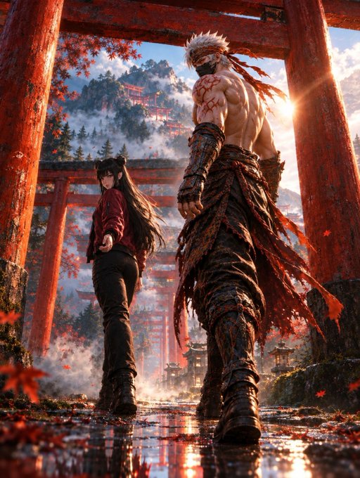 A digital artwork depicts two anime-style characters, a large muscular man and a woman in dark clothing, walking through a pathway lined with red torii gates.