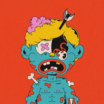 Illustration of a grotesque blue zombie-like cartoon character with a yellow brain, exposed bone, and an axe stuck in its head against an orange background.