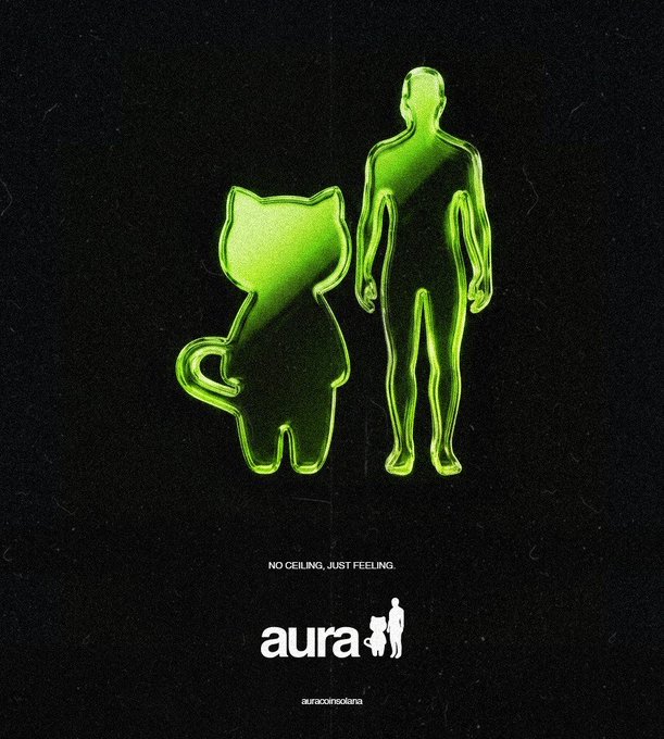 The image features a poster with two cartoon characters - one cat-like figure and another human figure - standing next to each other against a black background. The text "no ceiling, just feeling" is written below them. This phrase seems to be related to the concept of Aurum, which could possibly be an album or series title.
