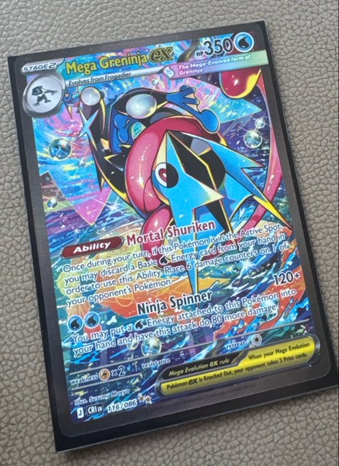 A Pokémon trading card featuring Mega Greninja EX with 350 HP, abilities Mortal Shuriken and Ninja Spinner, card number 116/086.