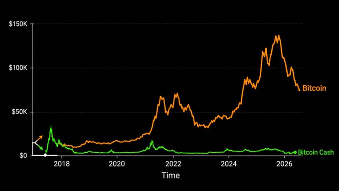The image shows a line chart comparing the price performance of Bitcoin (orange) and Bitcoin Cash (green) from 2017 to 2026, with Bitcoin reaching a peak of around $140K while Bitcoin Cash remains near $0 throughout. This visually highlights the vast price divergence between the two cryptocurrencies following Bitcoin Cash's creation as a blockchain fork 9 years ago.
