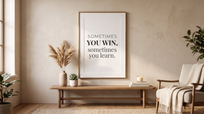 A framed wall art piece in a minimalist living room displays the motivational quote 'SOMETIMES YOU WIN, sometimes you learn.'