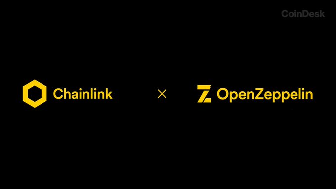 Black promotional graphic featuring the yellow Chainlink and OpenZeppelin logos separated by an “×,” with “CoinDesk” in the upper-right. It illustrates the partnership integrating Chainlink CCIP and compliance tools into OpenZeppelin’s smart contract platform.
