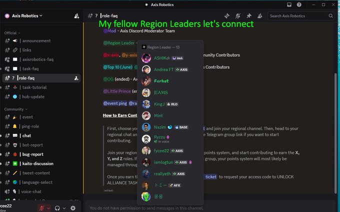 Discord screenshot of the Axis Robotics server showing a message in the #role-faq channel with a green text overlay 'My fellow Region Leaders let's connect' above a list of region leaders and contributors.