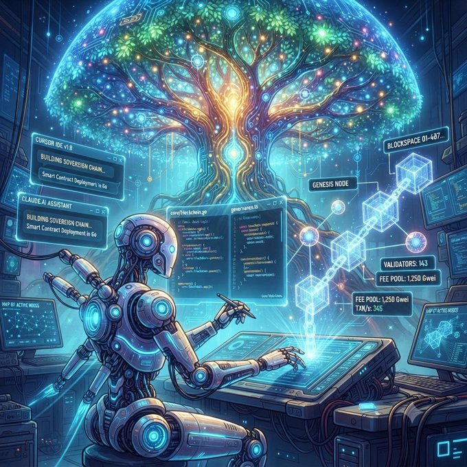 A futuristic digital artwork depicting a robotic figure interacting with holographic blockchain interfaces, displaying text such as 'GENESIS NODE,' 'VALIDATORS: 143,' 'FEE POOL: 1,250 Gwei,' and references to smart contract deployment.